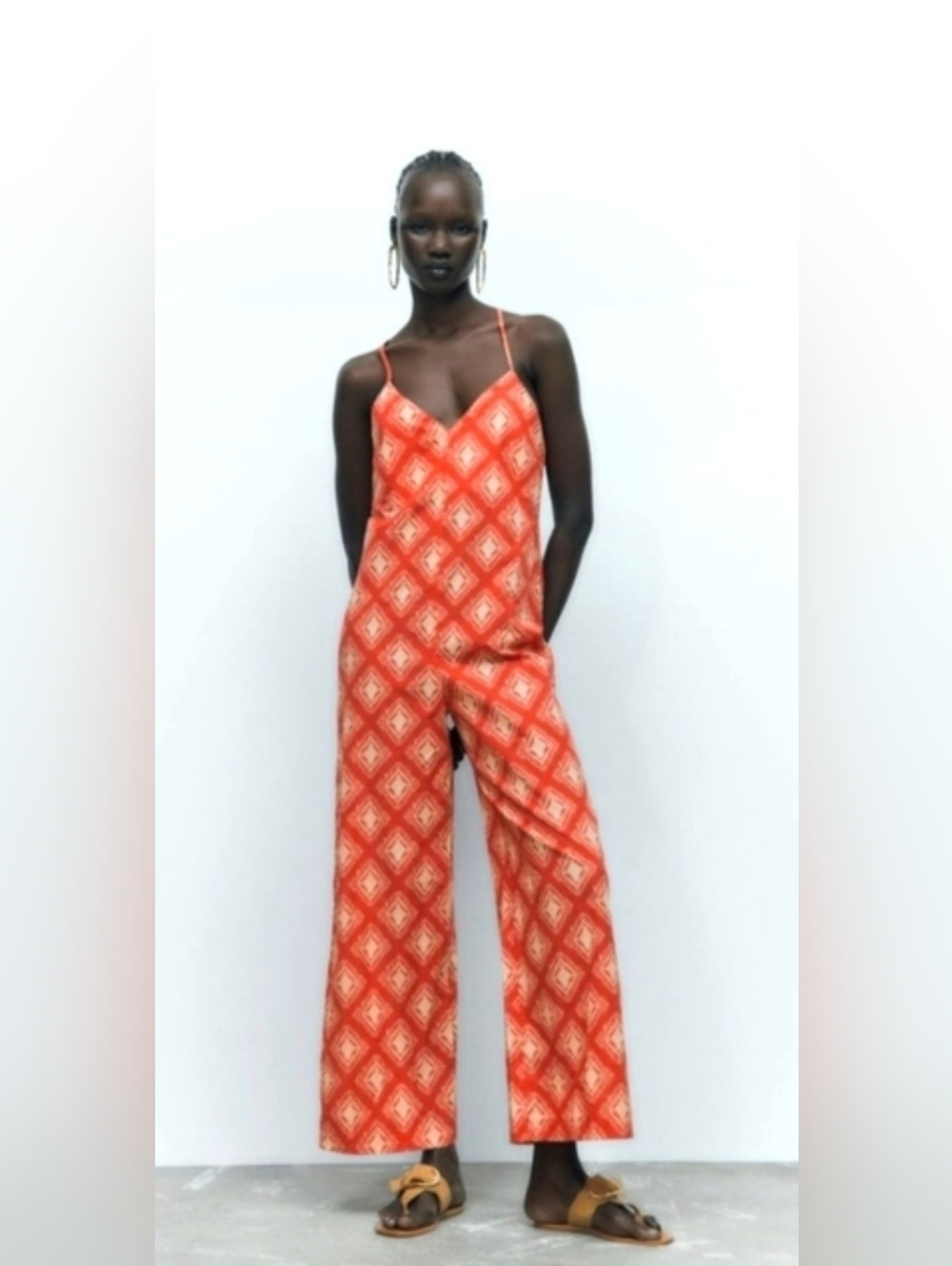 Zara Rust Orange and Cream Diamond-Print Wide Leg Jumpsuit
